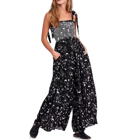 FREE PEOPLE REVOLVE BLACK FLORAL PRINT WIDE-LEG JUMPSUIT - Picture 11 of 11
